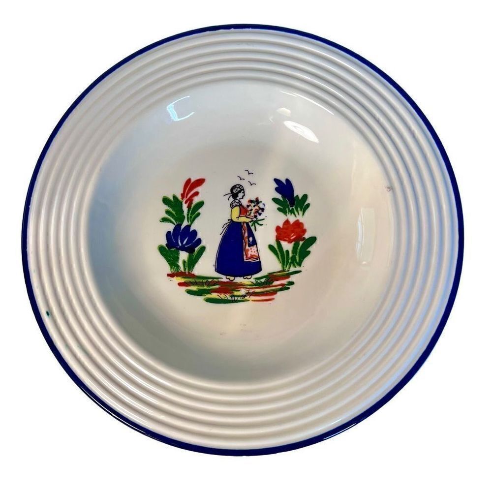 Varages Peasant Woman Bowl 9.25 Inch Soup Bowls with Cobalt Trim 1960s France